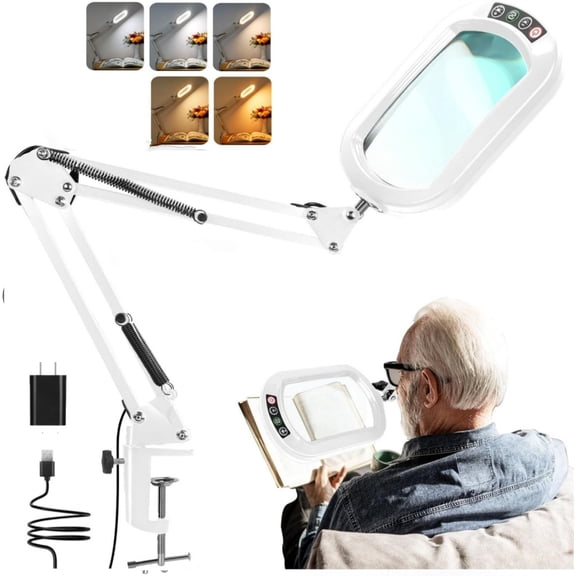 Rectangle Magnifying Glass with Light, 5 Color Modes Stepless Dimmable Magnifier with Stand, LED Lighted Clamp Desk Lamp with Swing Arm, Hands Free for Reading Painting Close Work