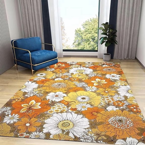 Colorful Flowers Area Rug, Vintage Daisy Non Slip Easy Care Kids Rugs, Breathable Durable Carpet for Indoor Bedroom Living Room Office Decor Rug 5 x 7ft