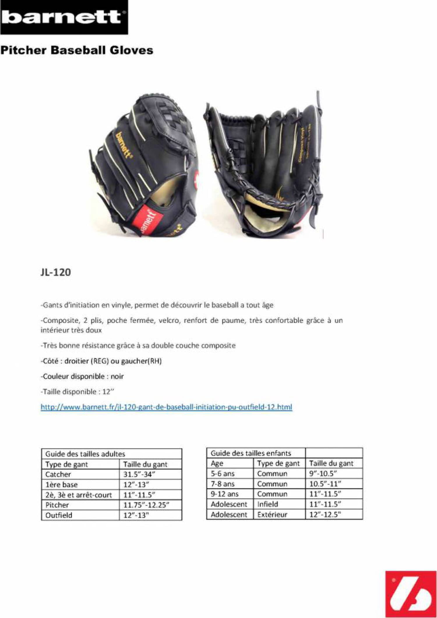 Barnett Kids' 12" Baseball Outfielders' Glove (Right Hand Throw)