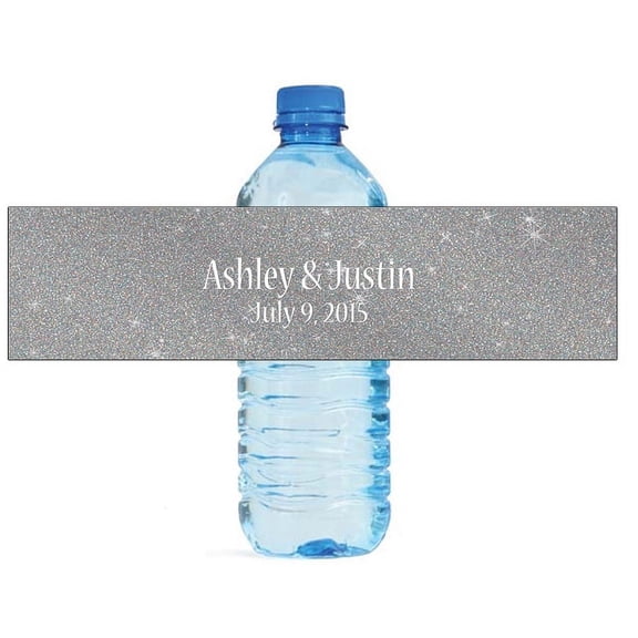 100 Modern Silver Glitter Wedding Birthday Party Water Bottle Labels 8"x2"
