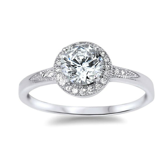 Halo Set Clear Cubic Zirconia Round Floral Design Ring Sterling Silver Size 6