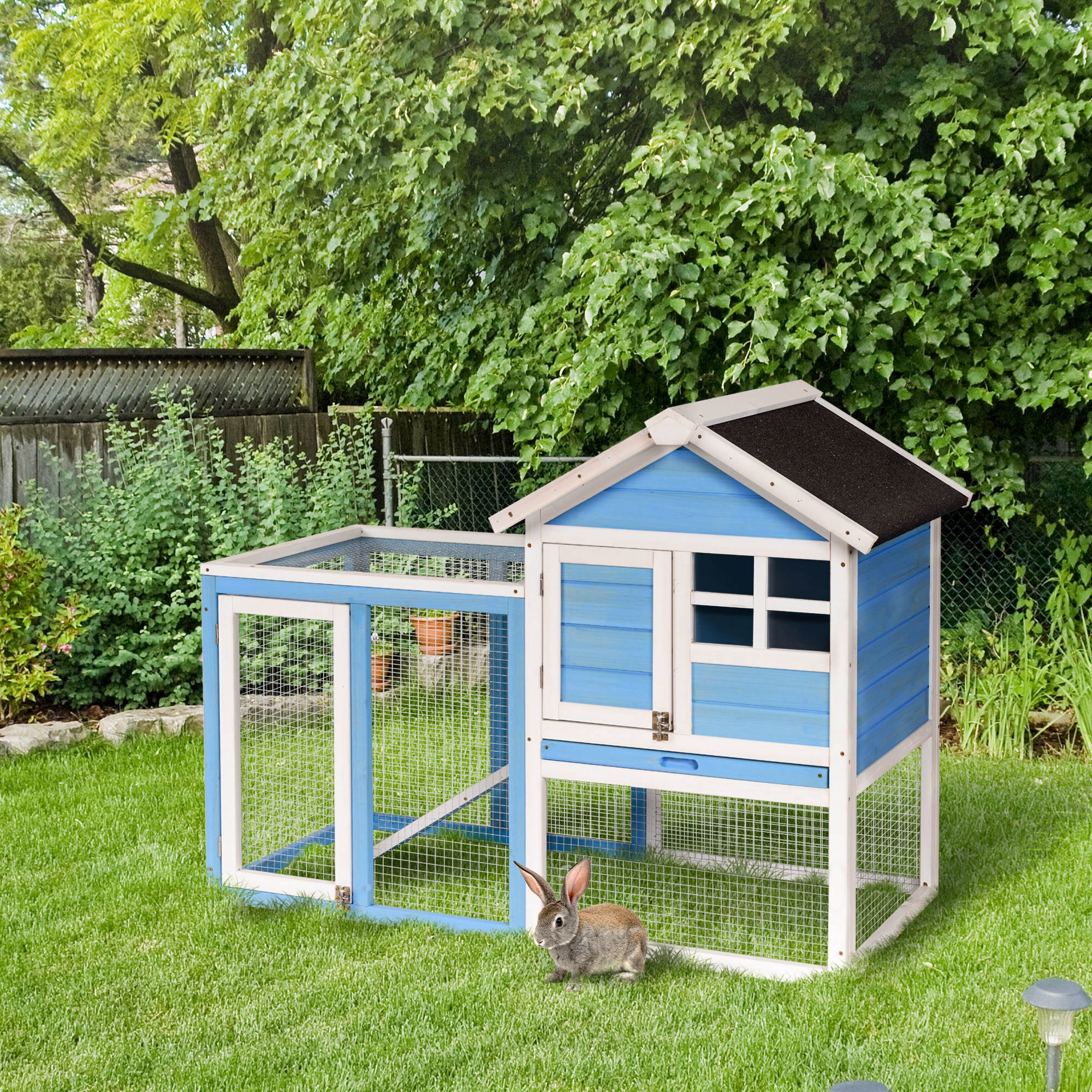 PawHut 48 Wooden Rabbit Hutch With Slant Roof and Run Light Blue