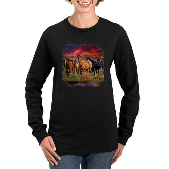CafePress - Sunset Horses Women's Long Sleeve Dark T Shirt - Women's Long Sleeve Graphic Tee Casual Fit