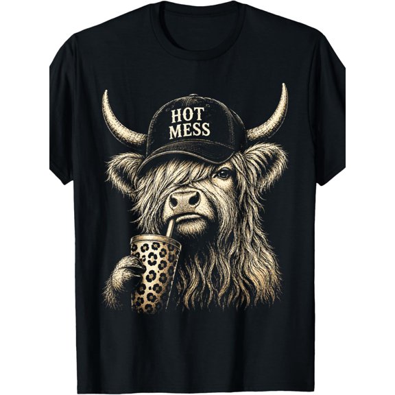 Hot Mess Highland Cow Funny Cute Coffee Lover Graphic T-Shirt
