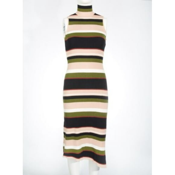RACHEL RACHEL ROY Womens Beige Knit Ribbed Zippered Asymmetrical Hem Slitted Striped Sleeveless Mock Neck Midi Sweater Dress S