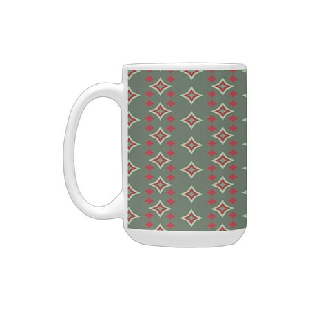 

Retro Big and Small Nested Star Shapes Vertical Striped Vintage Art Pattern Sage Green Red Seafoam Ceramic Mug (15 OZ) (Made In USA)