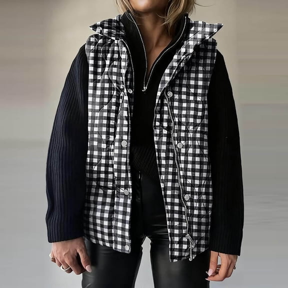 DAFPZW Womens Puffer Vest Sleeveless Casual Loose Winter Warm Lightweight Stand Collar Down Plaid Print Jacket Coats