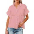 thumbnail image 4 of Pink Womens Tops Women's Spring Autumn Casual Double Pocket Short Sleeve Cotton Shirt Top Shirts for Women, 4 of 6