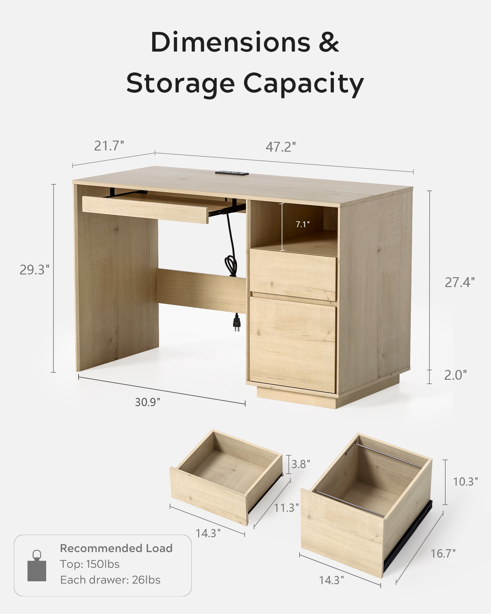 EYYTHUNG 47" Office Desk, Farmhouse Executive Desk with File Drawer & Outlet, Wood Computer Desks with Keyboard Tray, Light Oak