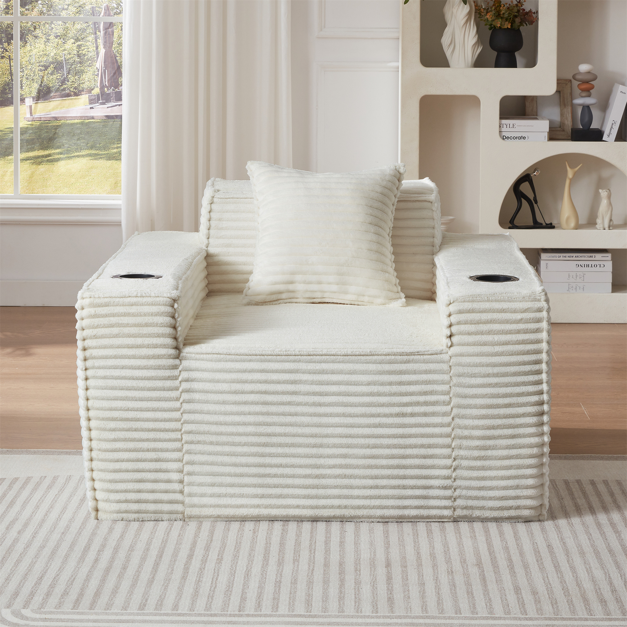 Aukfa 3 Piece Sofa Set - 43.5" Oversized Armchair Boneless Couch w/ 2 Cup Holders&Side Pockets, White