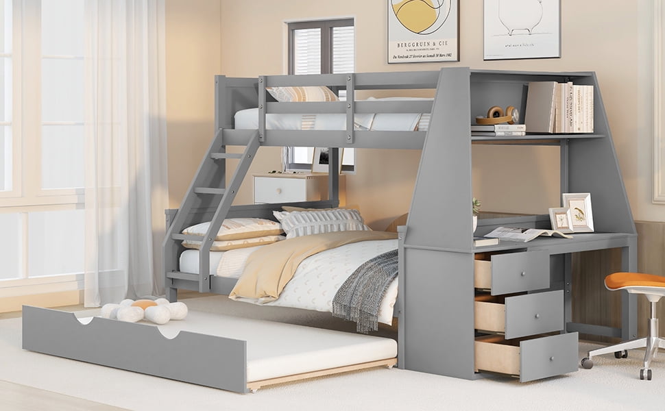 EUROCO Wood Twin over Full Bunk Bed with Twin Trundle, Built-in Desk with Shelf and 3 Drawers for Kids Teens Adults, 3-in-1 Beds, Gray