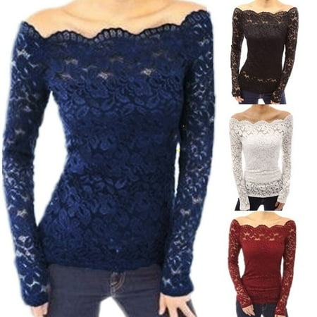 - 4 Colors Autumn Blusas Sexy Women Off Shoulder Slash Neck Lace Crochet Shirts Long Sleeve Slim Casual Tops Blouse
