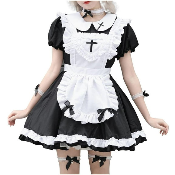 Arnsht Women Fashion Sweet Cute Lolita Dress Role Play Fashion Maid Dresses Plus Size Lapel Knee Length Dress Black L