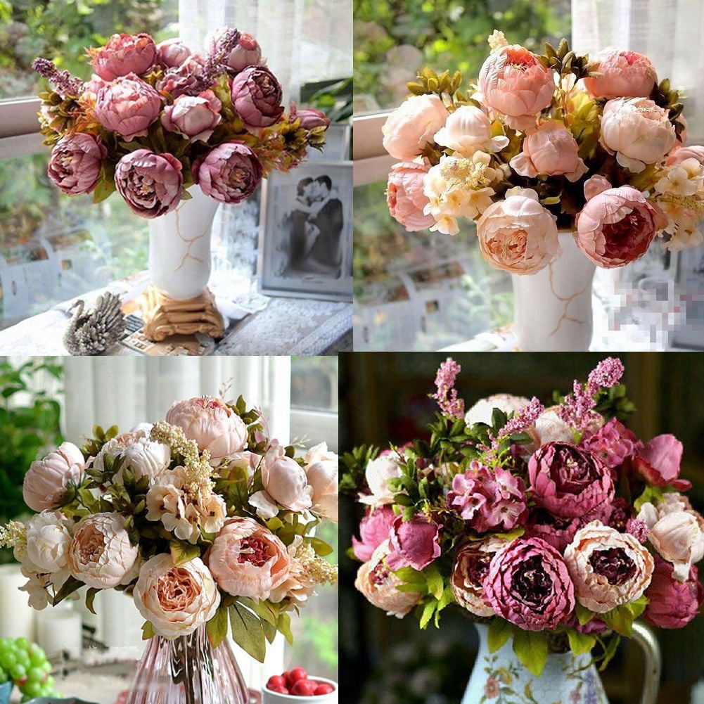 Artificial♡Peony Silk Flowers Leaf Bouquet Home Floral Wedding Garden Decor 