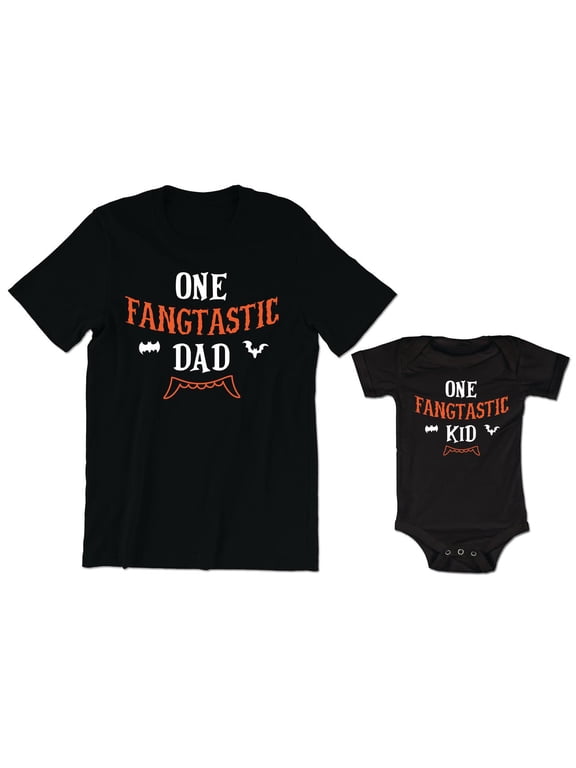 One Fangtastic Dad Men's T-Shirt Cute Vampire Bats Graphic Tee One Fangtastic Kid Baby Bodysuit Kids Toddler Shirt Halloween Family Matching Daddy Daughter Son Outfits