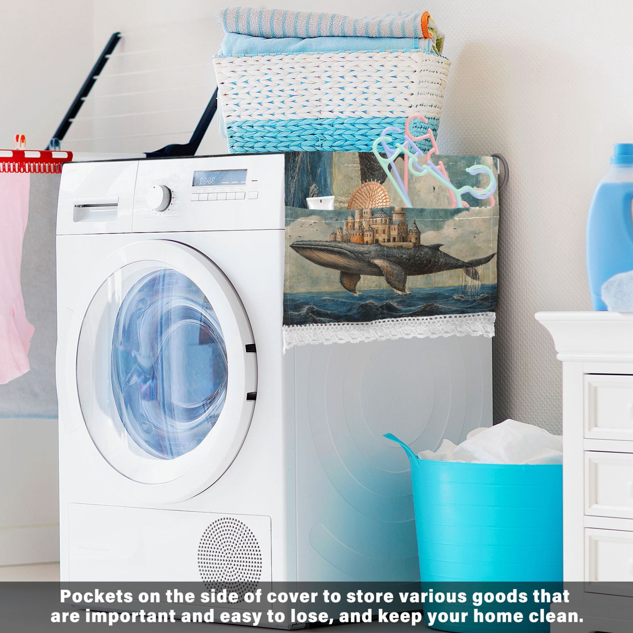 Whale CastleWasher and Dryer Covers Dust-Proof and Oil Resistant Fridge Cover with 4 Storage Pockets Washing Machine Top Cover for Laundry Kitchen Home 51.2 x 22 In