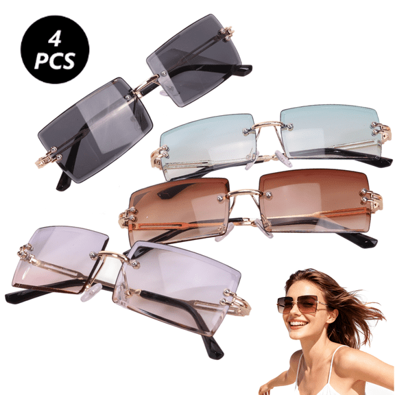 4pcs Rimless Rectangle Sunglasses for Women Men, UV400 Protection Lens Sun Glasses Square Shade Metal Frame Eyewear