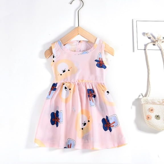 Girls Dresses Sleeveless Graphic Print Crew Neck Ruffles Dress for Casual Daily Wear Girls Dress Pink