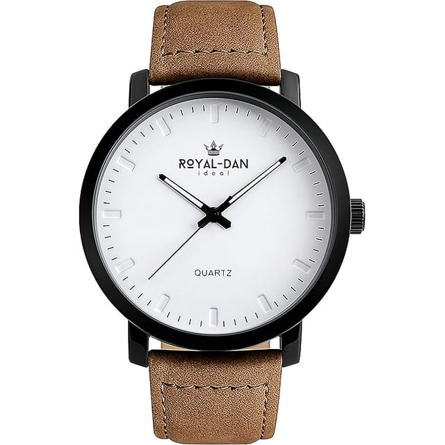Royal-Dan Montre de Luxe à Quartz, Bracelet en Cuir Véritable, Boîtier en Acier Inoxydable, Étanche et Surface Résistante aux Rayures (Sélection Offerte) / Solde /