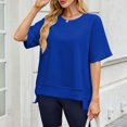 thumbnail image 6 of Sevevn Women's Fashion Casual Spring And Summer New Solid Color Thread Round Neck With Shoulder Loose Short-Sleeved Top Blue XXL Gift for Girls, 6 of 9
