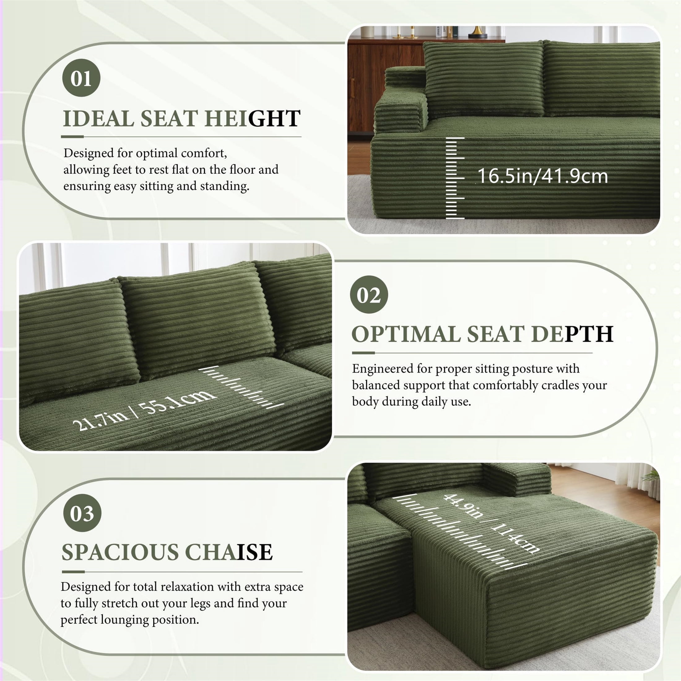 Aukfa 96" Cloud Sectional Sofa Deep Seat Boneless Couch Modular L-Shaped Couch, Right Chaise Corduroy Sofa for Living Room, Green