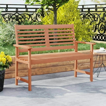 Auranook Wood Outdoor Bench, 2-person Garden Bench w/Ergonomic Backrest & Armrests, Slatted Seat, Outside Patio Bench