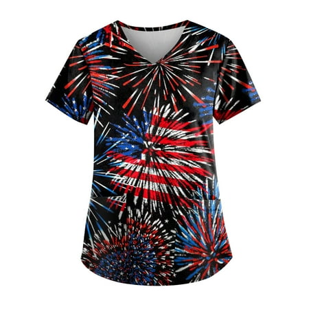 

Sksloeg Women s Scrub Tops Fashion American Flag Star Print Patriotic Top Nurse Uniforms for Women Short Sleeve V-Neck Shirts Tee Tops with Pockets Black XXXXXL