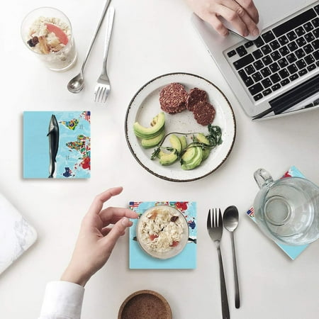 

ZHANZZK Whale World Map Set of 4 Coaster for Drinks Absorbent Ceramic Stone Coasters Cup Mat with Cork Base for Home Kitchen Room Coffee Table Bar Decor