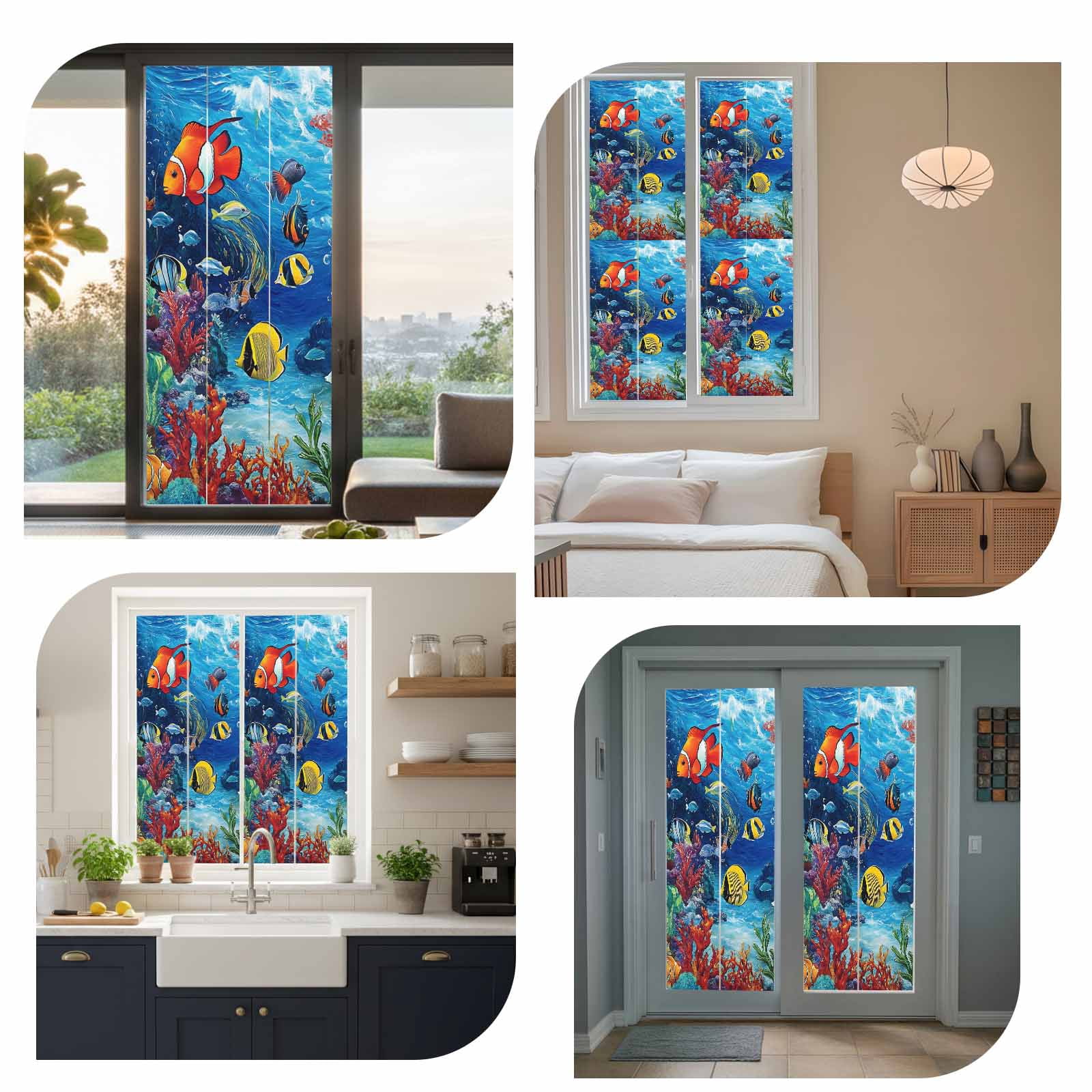 Ocean Underwater Window Privacy Film World Tropical Fish Coral Color Marine Life Decorative Glass Window Film UV Blocking Static Cling Non-Adhesive Sticker Covering for Home Door 17.7 x 78.7 inches