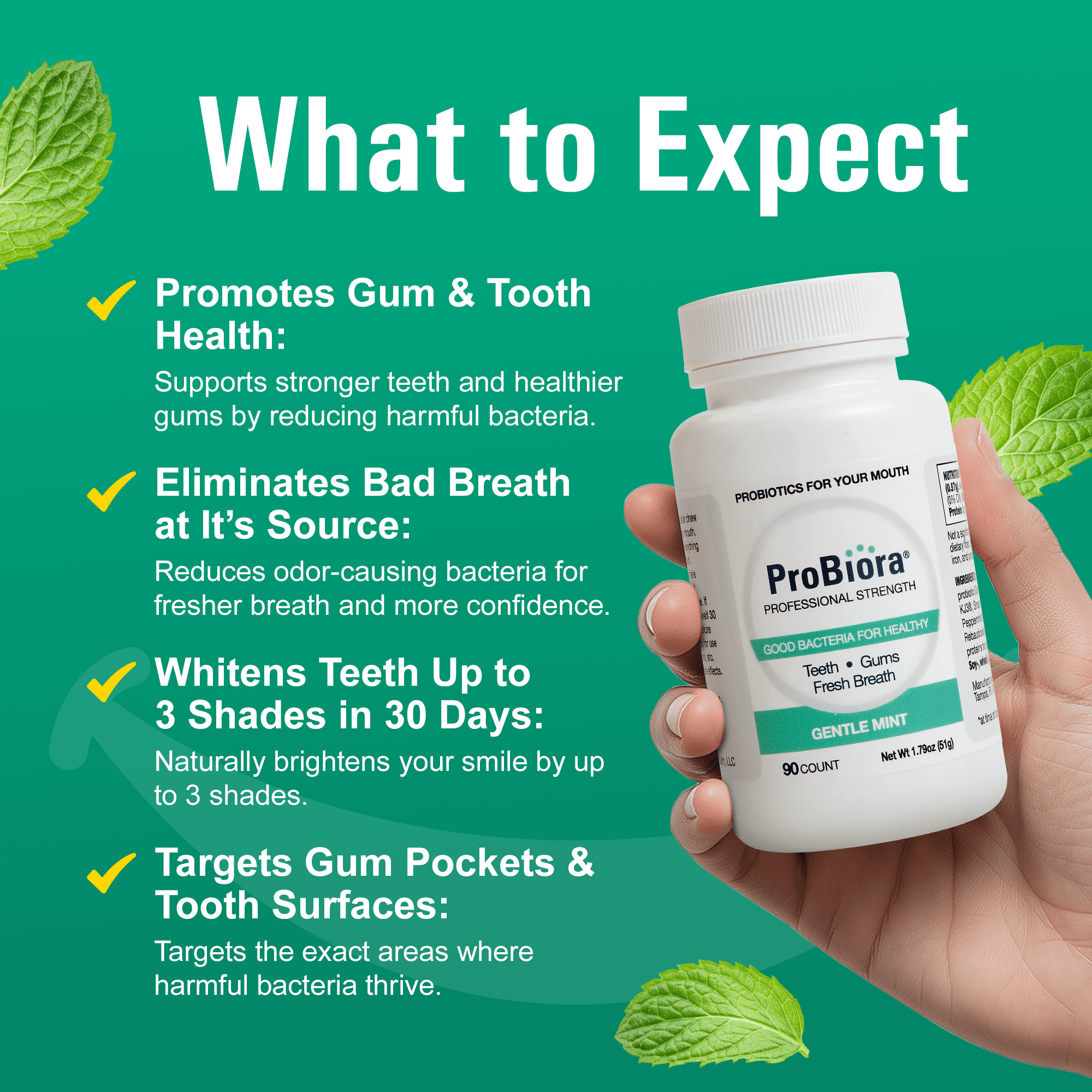 ProBiora Professional Strength Natural Oral Probiotic Mints, Gentle Mint, 90 Tablets