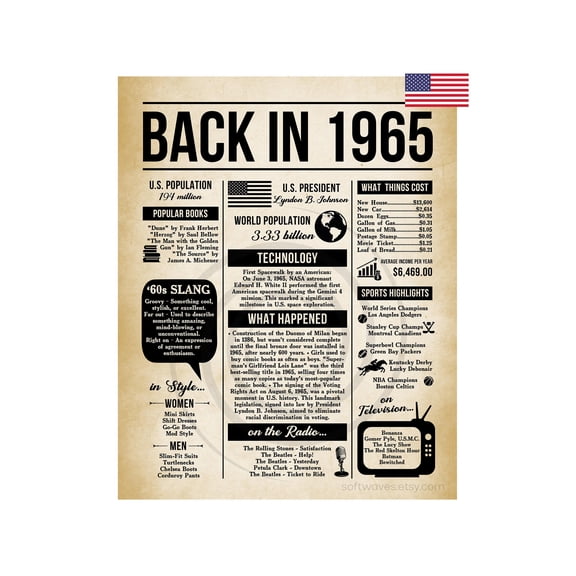 DIANANA Back in 1965 Poster, 1965 Fun Facts Sign, 60 Years Ago, 60th Anniversary Newspaper Sign, Vintage 1965 Decor, 60th Birthday Celebration