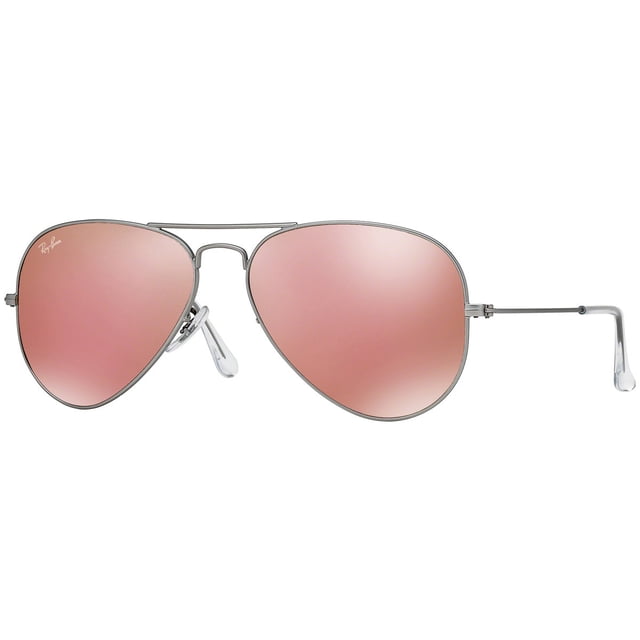 lentes de sol ray ban aviador rb3025 019/z2 unisex rosa vista frontal centrada de armazón metálico gris con doble puente y plaquetas ajustables; lentes espejo rosadas de 58mm y patillas delgadas. Suelen usarse también como accesorio de moda para sesiones fotográficas o viajes cortos.