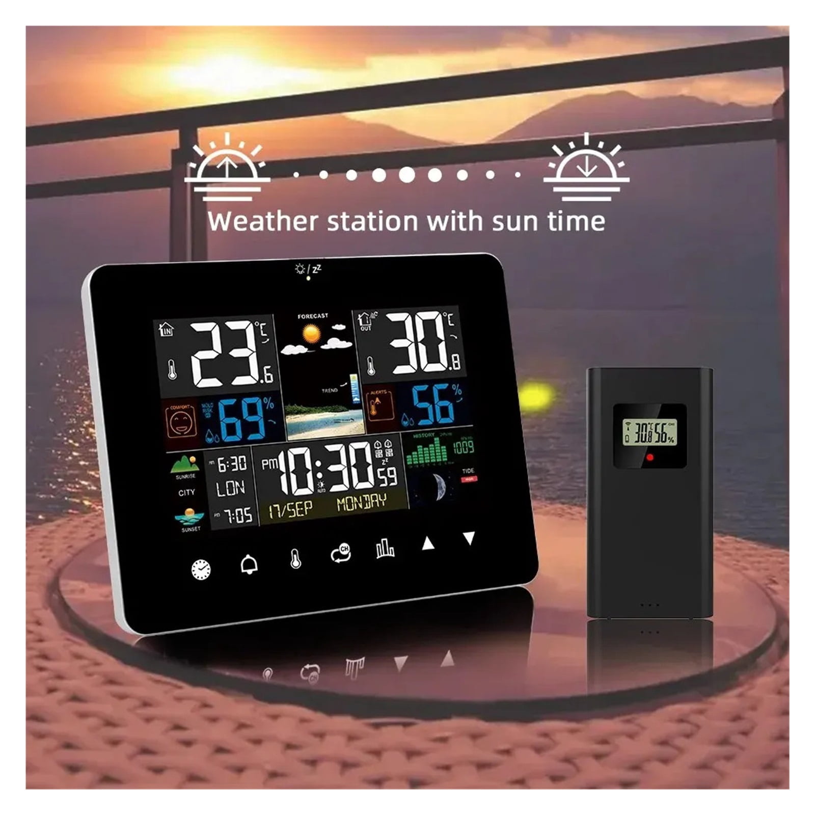 Touch Screen Weather Station with Sunrise Sunset Display, Wireless Monitor