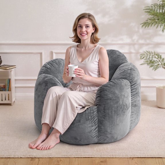 Lusimo Adult Bean Bag Chair, Flower Shaped Bean Bag with Velvet Washable Cover, Large Bean Bag Sofa with Memory Foam, Lounge Chairs with Pillow for Bedroom, Living Room, Dorm, Gray