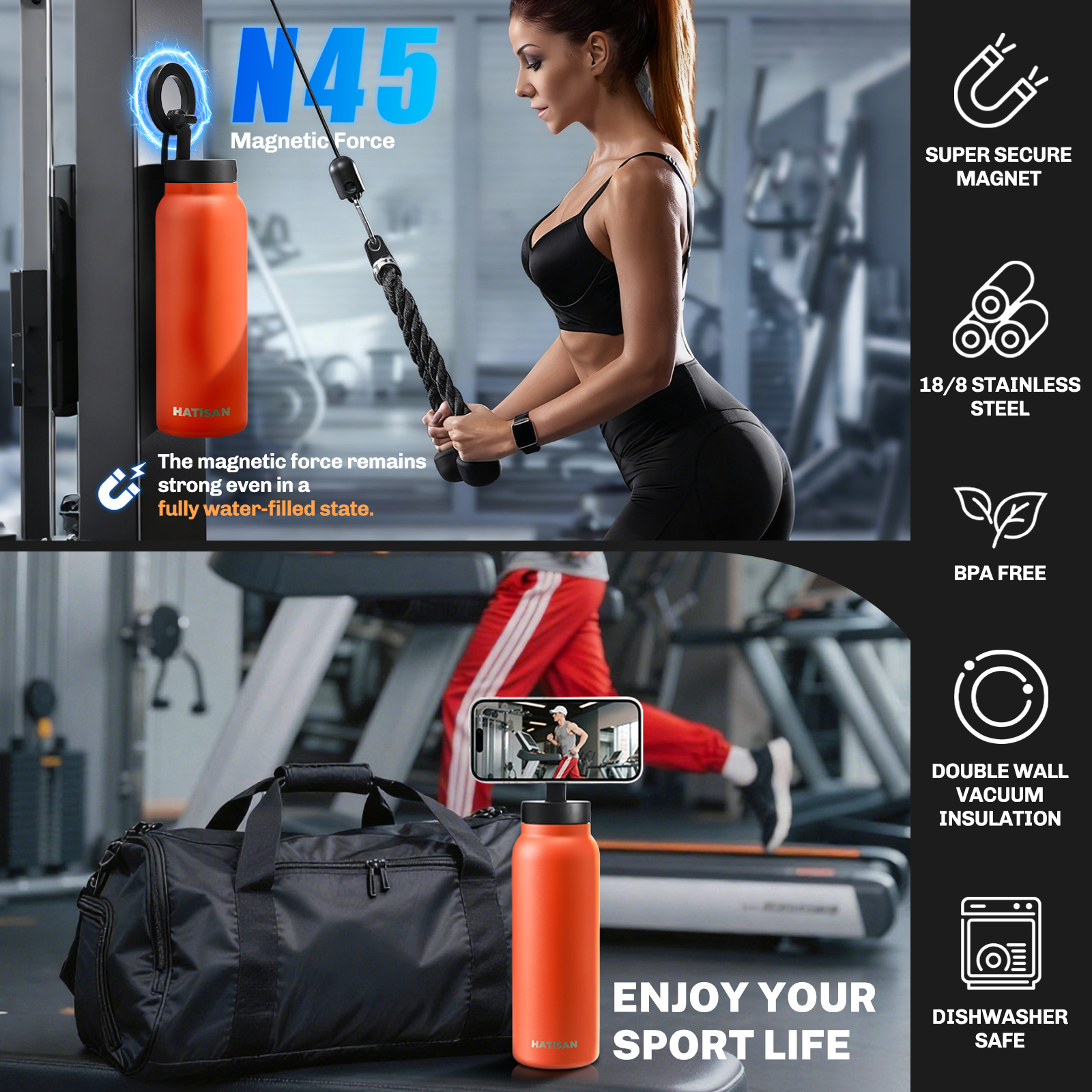 Hatisan 24 oz Insulated Water Bottle, Magnetic Stainless Steel Water Bottle, with Mobile Phone Holder Tripod, Hot for 12H, Cold for 24H(Orange)