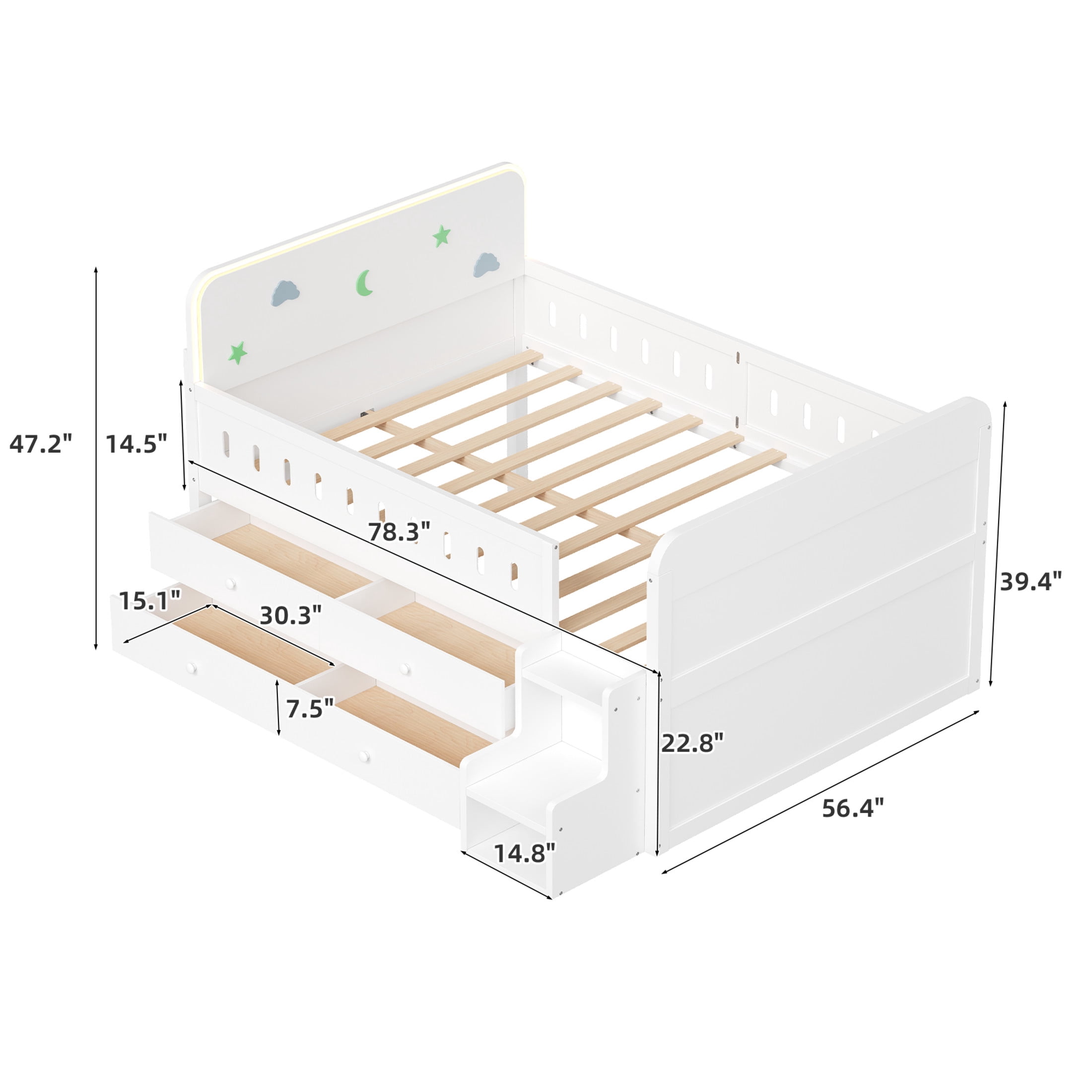 Noble House Halden Full Size Wooden Bed, Integrated LED Lighting and 4 Storage Drawers with Ladder, White