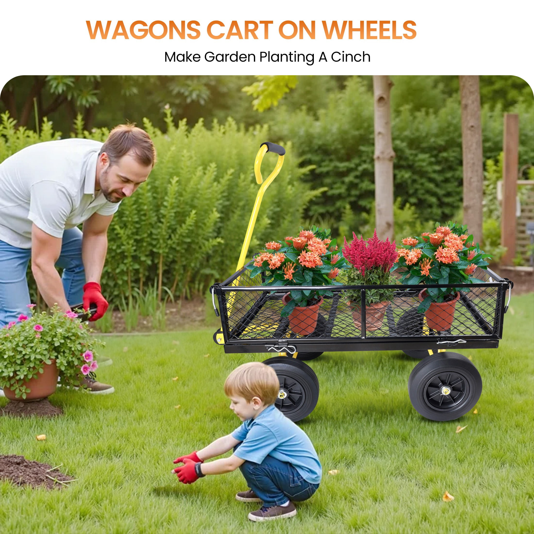 Aukfa Mesh Steel Wagon Cart with Removable Sides, Garden Cart Heavy Duty Utility Wagon with Rotating Handle/10'' Tires for Garden Yard, Yellow