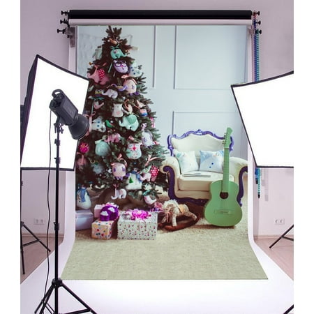 Image of MOHome 5x7ft Christmas Photography Backdrop Tree Interior Decorations Hanging Dolls Gift Box Blue Guitar Blanket Sofa Scene Photo Background Children Baby Adults Portraits Backdrop