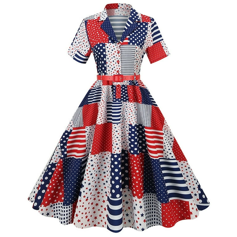 Womens Dresses Short Sleeve Summer Vintage 1950s Retro V Neck Flag