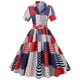 thumbnail image 2 of Vestido retro con estampado de estrellas para mujer, vestido vintage de manga corta con cuello en V y estampado de banderas para fiesta, graduación, vestidos midi para mujer, 2 of 5