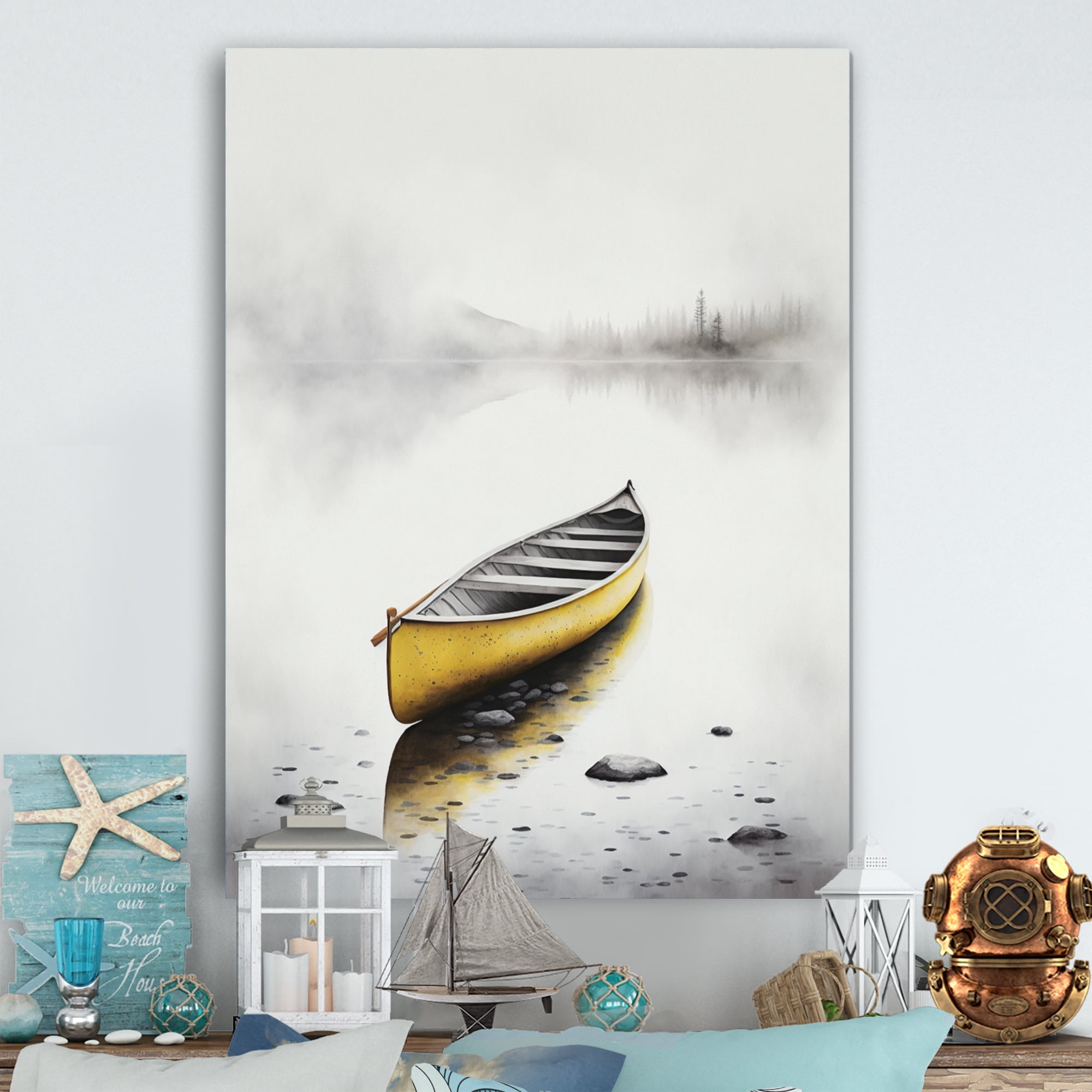 Designart Yellow Canoe On The Lake I Canvas Wall Art