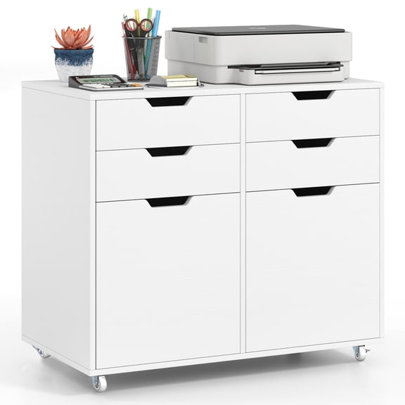 White Rolling File Cabinet with 4 Drawers & 2 Closed Storage Cabinets, Mobile Under Desk Storage Organizer with 5 Universal Lockable Casters, Cutout Handles Smooth Metal Slides Multi-Functional Side