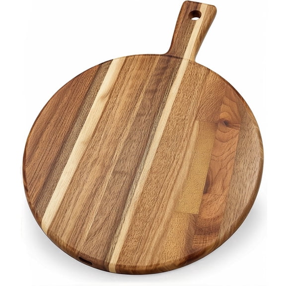 ZRXARU Round Wood Cutting Board with Handle, Acacia Charcuterie Board Pizza Cutting Board for Kitchen, Decorative Serving Tray for Cheese Meat Fruit Bread Baking for Counter, 13 x 17 In