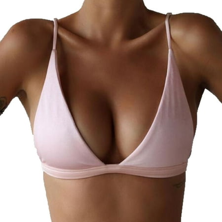 Xsylife Women Summer Bikini Tops Solid Color Padded Wire Free Halter Bra Ladies Push-up Bra Triangle Back Buckles Swimsuit Tops
