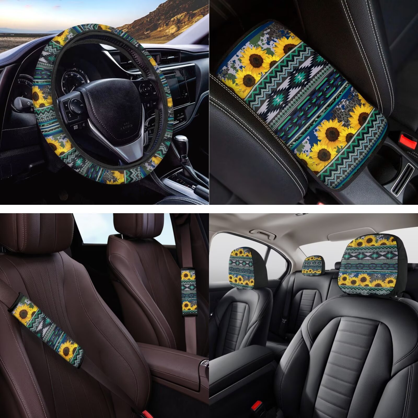 HUIACONG Aztec Sunflower Car Seat Covers Full Set with Steering Wheel Cover Center Console Cover Seat Belt Pads Coasters Headrest Cover Keychain 14 Pcs Universal Car Accessories Interior Green