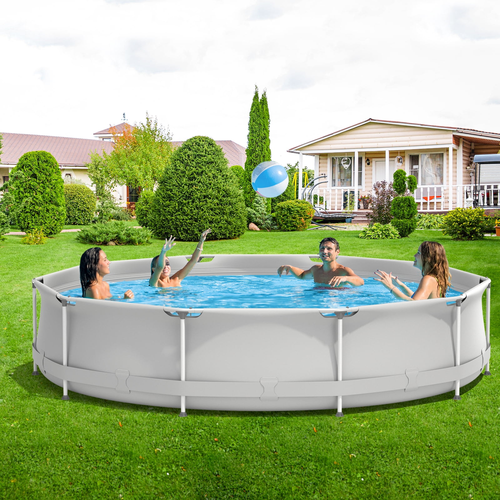 Infans Round Above Ground Swimming Pool Patio Frame Pool W/ Pool Cover Iron Frame Grey