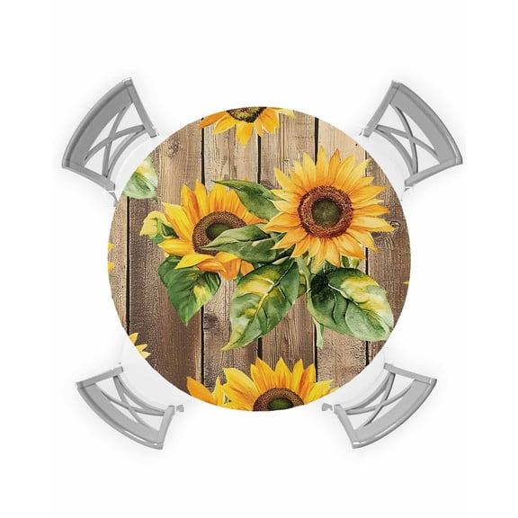 nqOlkjepod Sunflower Farmhouse Round Tablecloth, Fitted Table Cover with Elastic for 45"-54" Round Tables, Summer Botanical Flowers Wooden Table Cloth Outdoor Dinning Party Waterproof Tablecloths