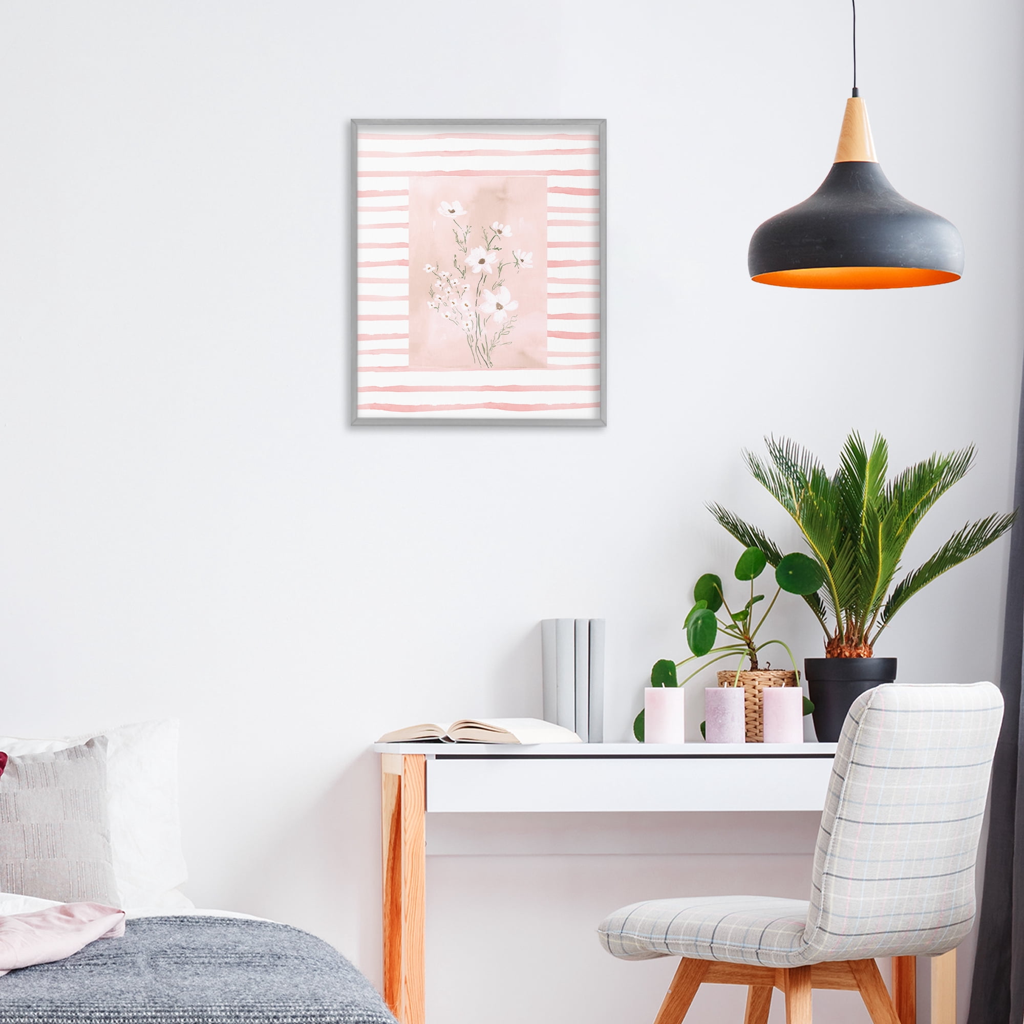 Stupell Industries White Cosmos on Pink Stripes Gray Framed Giclee Art, design by Lucille Price