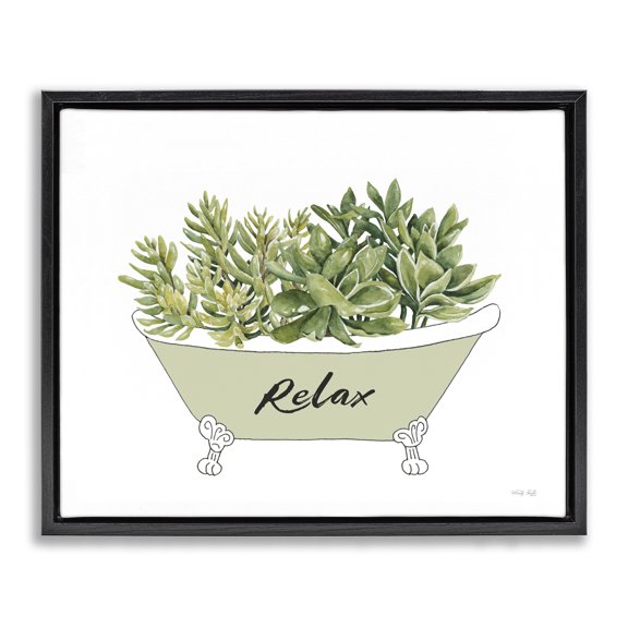 Stupell Industries Bohemian Claw Foot Bathtub Succulent Plants Relax Typography Black Floating Frame Canvas Art, 21 x 17, by Cindy Jacobs
