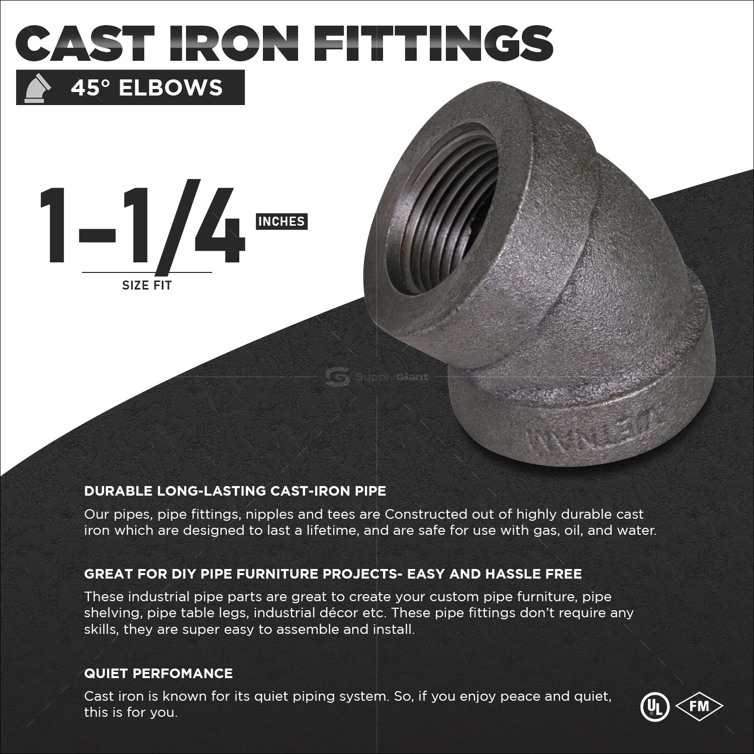Supply Giant 1-1/4" 45 Degree Black Pipe Fitting Street Elbow Cast Iron